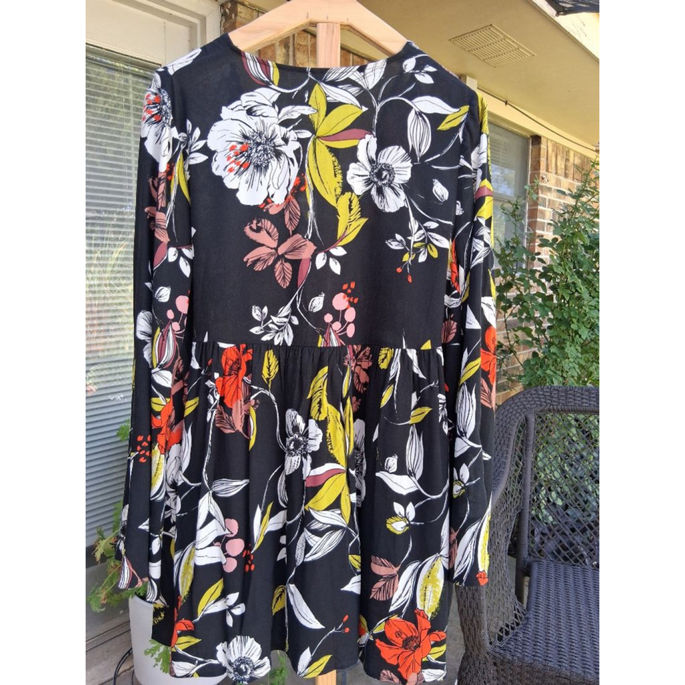 Free People Black Floral Babydoll Tunic Dress M Boho V Neck Flowy Mini Festival - Picture 7 of 16